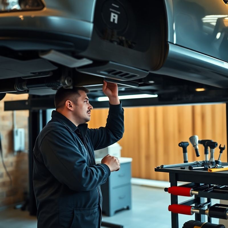 Techniker bei einer Ölwechsel-Inspektion unter einem Fahrzeug